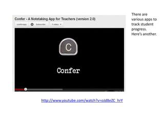 There are
                                             various apps to
                                             track student
                                             progress.
                                             Here’s another.




http://www.youtube.com/watch?v=oJd8eZC_hrY
 