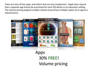 There are tons of free apps, and others that are very inexpensive. Apple does require
that a separate app license be purchased for each iOS device in an education setting.
The volume pricing program enables schools to purchase multiple copies of an app at a
reduced price.




                               Apps
                                30% FREE!
                                Volume pricing
 