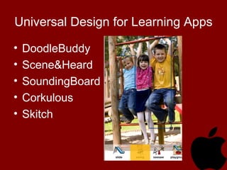 Universal Design for Learning Apps
• DoodleBuddy
• Scene&Heard
• SoundingBoard
• Corkulous
• Skitch
 
