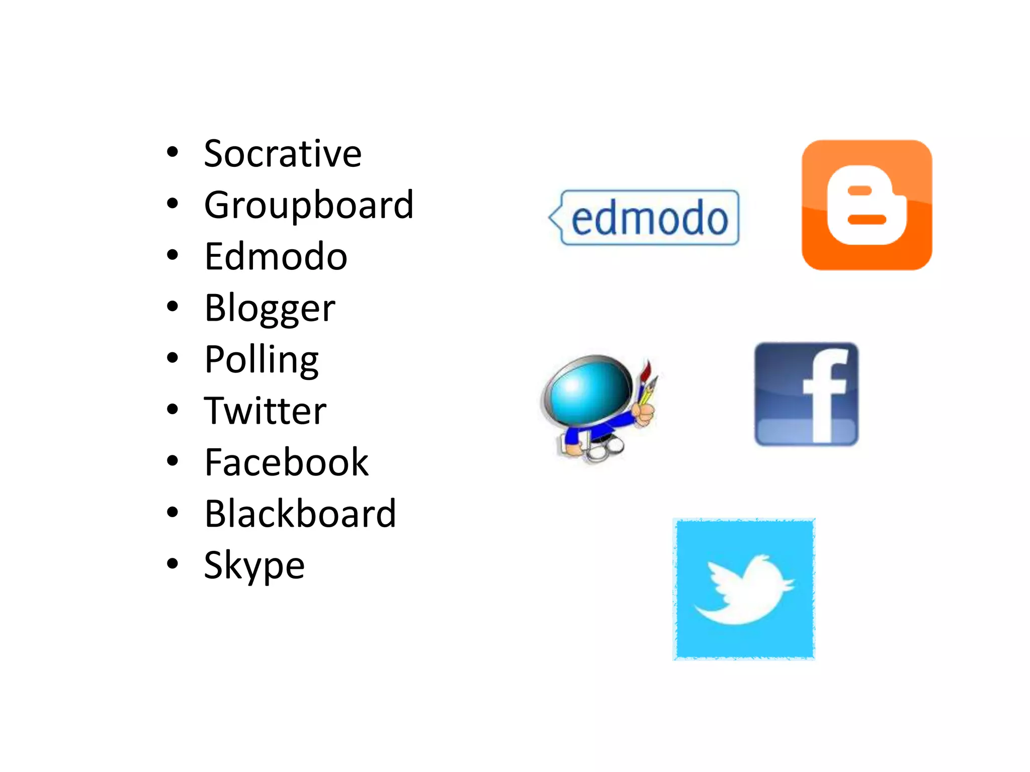 •   Socrative
•   Groupboard
•   Edmodo
•   Blogger
•   Polling
•   Twitter
•   Facebook
•   Blackboard
•   Skype
 