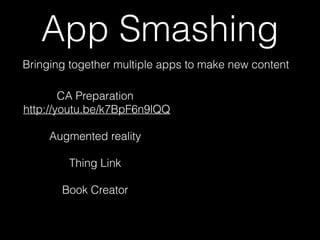 App Smashing
Bringing together multiple apps to make new content
CA Preparation
http://youtu.be/k7BpF6n9lQQ
Augmented reality
Thing Link
Book Creator
 