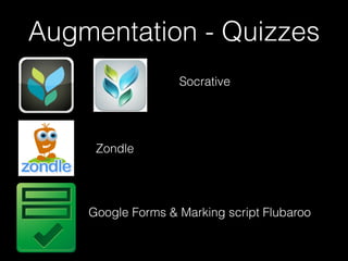 Augmentation - Quizzes
Socrative
Zondle
Google Forms & Marking script Flubaroo
 