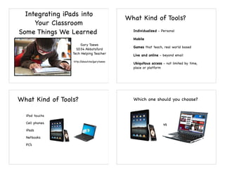 Integrating iPads into
                                             What Kind of Tools?
     Your Classroom
Some Things We Learned                         Individualized - Personal

                                               Mobile
                     Gary Toews
                                               Games that teach, real world based
                   SD34 Abbotsford
                 Tech Helping Teacher
                                               Live and online - beyond email
                 http://about.me/garytoews
                                               Ubiquitous access - not limited by time,
                                               place or platform




What Kind of Tools?                            Which one should you choose?


  iPod touchs

  Cell phones                                                    vs
  iPads

  Netbooks

  PC’s
 