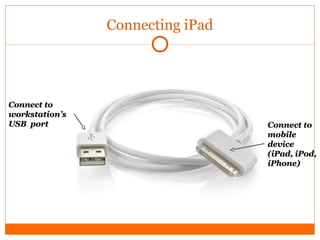 Connecting iPad Connect to workstation’s USB  port Connect to mobile device (iPad, iPod, iPhone) 