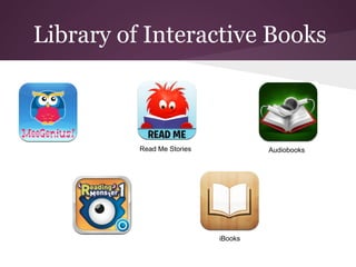 Library of Interactive Books



          Read Me Stories            Audiobooks




                            iBooks
 
