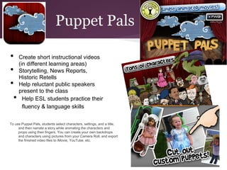 Puppet Pals

•      Create short instructional videos
       (in different learning areas)
•      Storytelling, News Reports,
       Historic Retells
•      Help reluctant public speakers
       present to the class
  •      Help ESL students practice their
         fluency & language skills

To use Puppet Pals, students select characters, settings, and a title;
     and then narrate a story while animating the characters and
     props using their fingers. You can create your own backdrops
     and characters using pictures from your Camera Roll, and export
     the finished video files to iMovie, YouTube, etc.
 