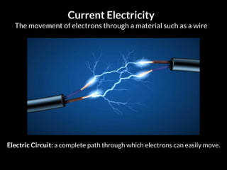 Current Electricity
The movement of electrons through a material such as a wire
Electric Circuit: a complete path through which electrons can easily move.
 
