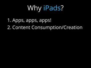 1. Apps, apps, apps!
2. Content Consumption/Creation
3. Constantly Connected
4. Modern Textbook
5. Intuitive and user-friendly
6. Endless possibilities
Why iPads?
 