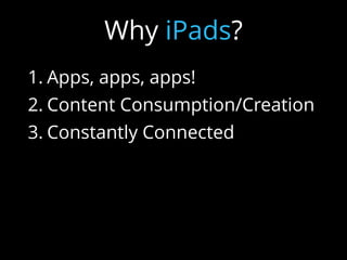 1. Apps, apps, apps!
2. Content Consumption/Creation
3. Constantly Connected
4. Modern Textbook
5. Intuitive and user-friendly
6. Endless possibilities
Why iPads?
 