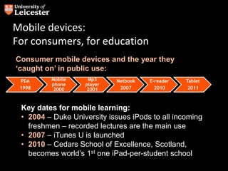 Mobile devices:
For consumers, for education
PDA
1998
Mobile
phone
2000
Mp3
player
2001
Netbook
2007
E-reader
2010
Tablet
2011
Consumer mobile devices and the year they
‘caught on’ in public use:
Key dates for mobile learning:
• 2004 – Duke University issues iPods to all incoming
freshmen – recorded lectures are the main use
• 2007 – iTunes U is launched
• 2010 – Cedars School of Excellence, Scotland,
becomes world’s 1st one iPad-per-student school
 