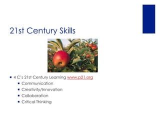 21st Century Skills




 4 C’s 21st Century Learning www.p21.org
    Communication
    Creativity/Innovation
    Collaboration
    Critical Thinking
 