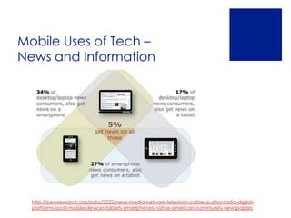 Mobile Uses of Tech –
News and Information




  http://pewresearch.org/pubs/2222/news-media-network-television-cable-audioo-radio-digital-
  platforms-local-mobile-devices-tablets-smartphones-native-american-community-newspapers
 