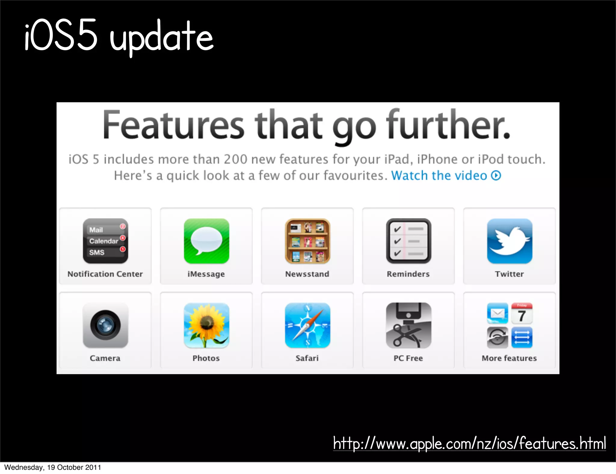iOS5 update




                             http://www.apple.com/nz/ios/features.html
Wednesday, 19 October 2011
 