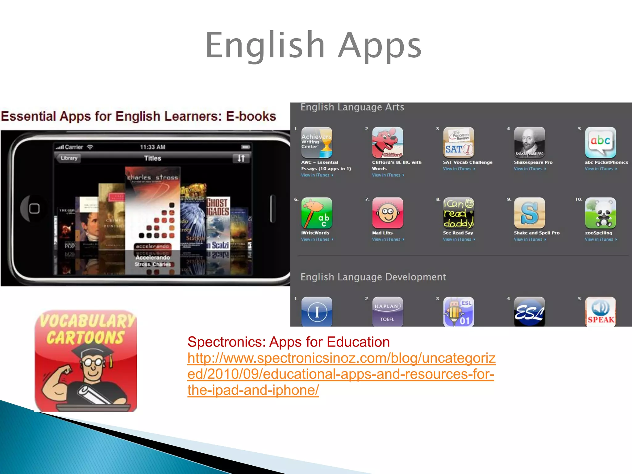 English Apps
Spectronics: Apps for Education
http://www.spectronicsinoz.com/blog/uncategoriz
ed/2010/09/educational-apps-and-resources-for-
the-ipad-and-iphone/
 