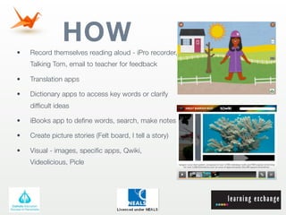 HOW
•   Record themselves reading aloud - iPro recorder,
    Talking Tom, email to teacher for feedback

•   Translation apps

•   Dictionary apps to access key words or clarify
    difficult ideas

•   iBooks app to define words, search, make notes

•   Create picture stories (Felt board, I tell a story)

•   Visual - images, specific apps, Qwiki,
    Videolicious, Picle
 