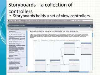 Storyboards – a collection of
controllers
• Storyboards holds a set of view controllers.
 