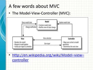 A few words about MVC
• The Model-View-Controller (MVC):




• http://en.wikipedia.org/wiki/Model–view–
  controller
 