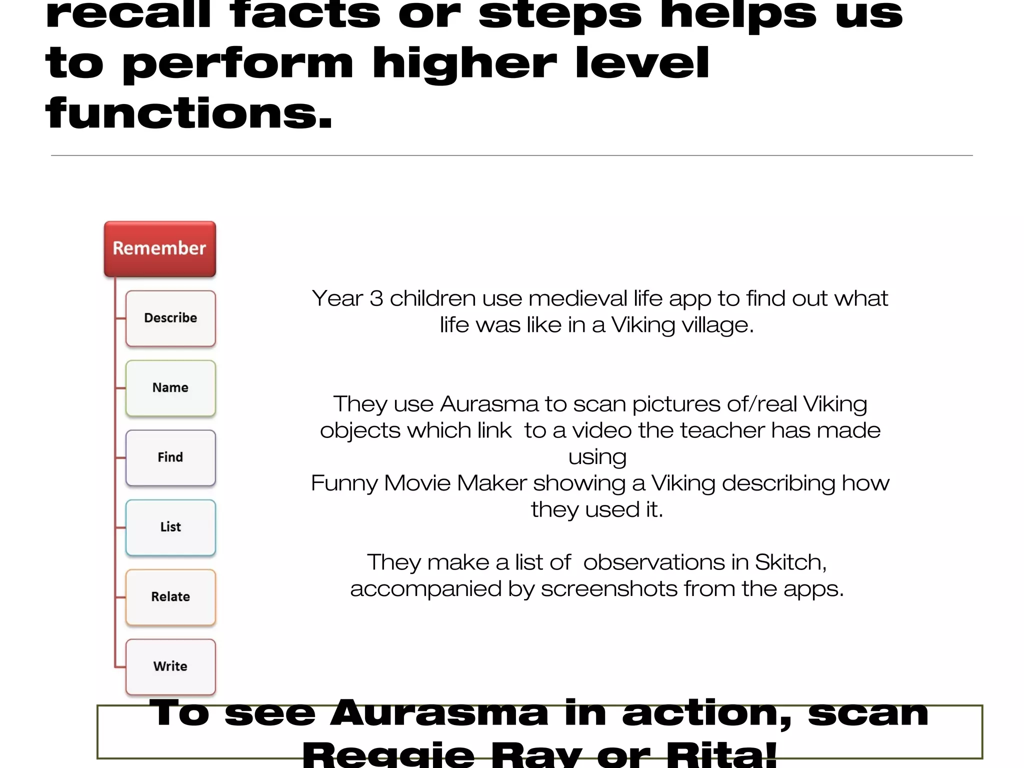 recall facts or steps helps us
to perform higher level
functions.



         Year 3 children use medieval life app to find out what
                     life was like in a Viking village.


           They use Aurasma to scan pictures of/real Viking
          objects which link to a video the teacher has made
                                 using
         Funny Movie Maker showing a Viking describing how
                              they used it.

             They make a list of observations in Skitch,
            accompanied by screenshots from the apps.




   To see Aurasma in action, scan
         Reggie Ray or Rita!
 