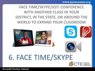 FACE TIME/SKYPE/JOT! CONFERENCE
     WITH ANOTHER CLASS IN YOUR
 DISTRICT, IN THE STATE, OR AROUND THE
  WORLD TO EXPAND YOUR CLASSROOM




6. FACE TIME/SKYPE
 