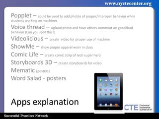 Popplet – could be used to add photos of proper/improper behavior while
students working on machines
Voice thread – upload photo and have others comment on good/bad
behavior (Can you spot this?)
Videolicious – create video for proper use of machine
ShowMe – show proper apparel worn in class
Comic Life – create comic strip of tech super hero
Storyboards 3D – create storyboards for video
Mematic (posters)
Word Salad - posters


Apps explanation
 