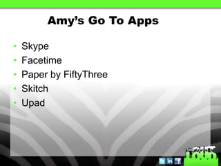 Amy’s Go To Apps

•   Skype
•   Facetime
•   Paper by FiftyThree
•   Skitch
•   Upad
 