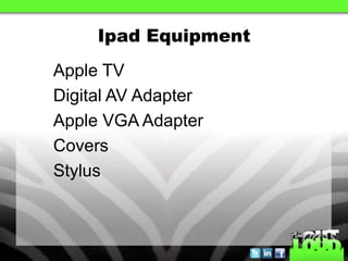 Ipad Equipment
Apple TV
Digital AV Adapter
Apple VGA Adapter
Covers
Stylus
 