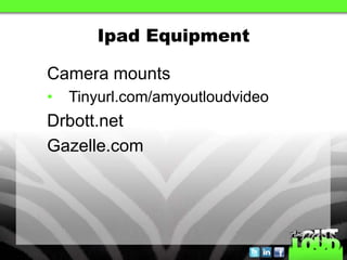 Ipad Equipment

Camera mounts
•   Tinyurl.com/amyoutloudvideo
Drbott.net
Gazelle.com
 