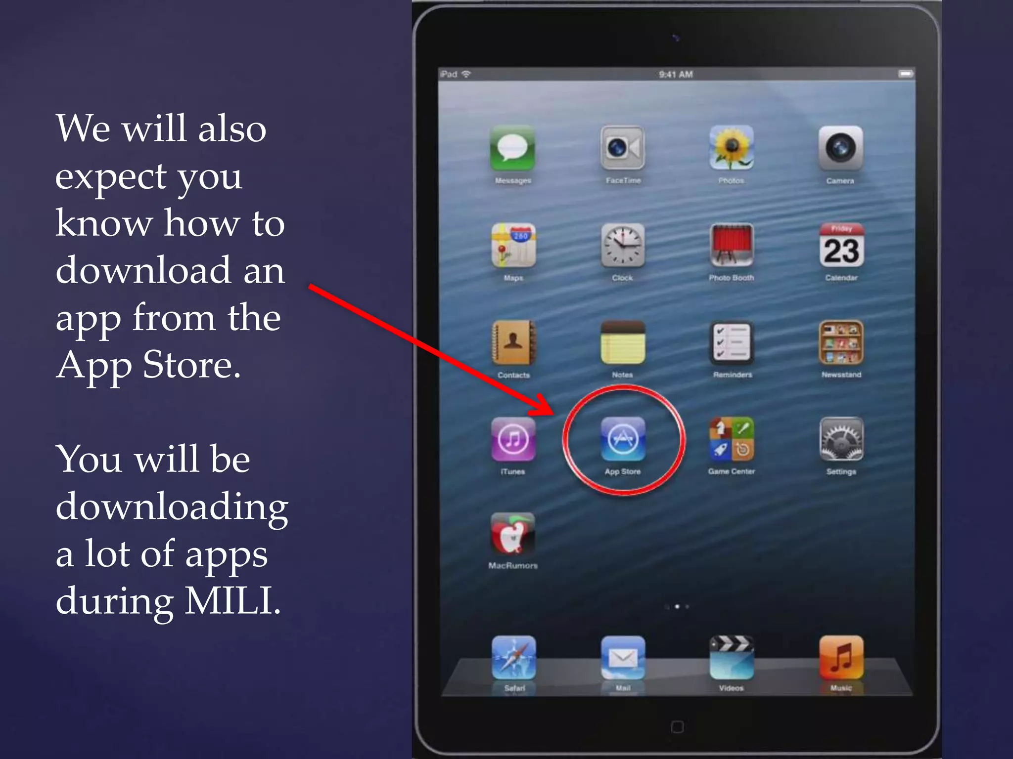 We will also
expect you
know how to
download an
app from the
App Store.
You will be
downloading
a lot of apps
during MILI.
 