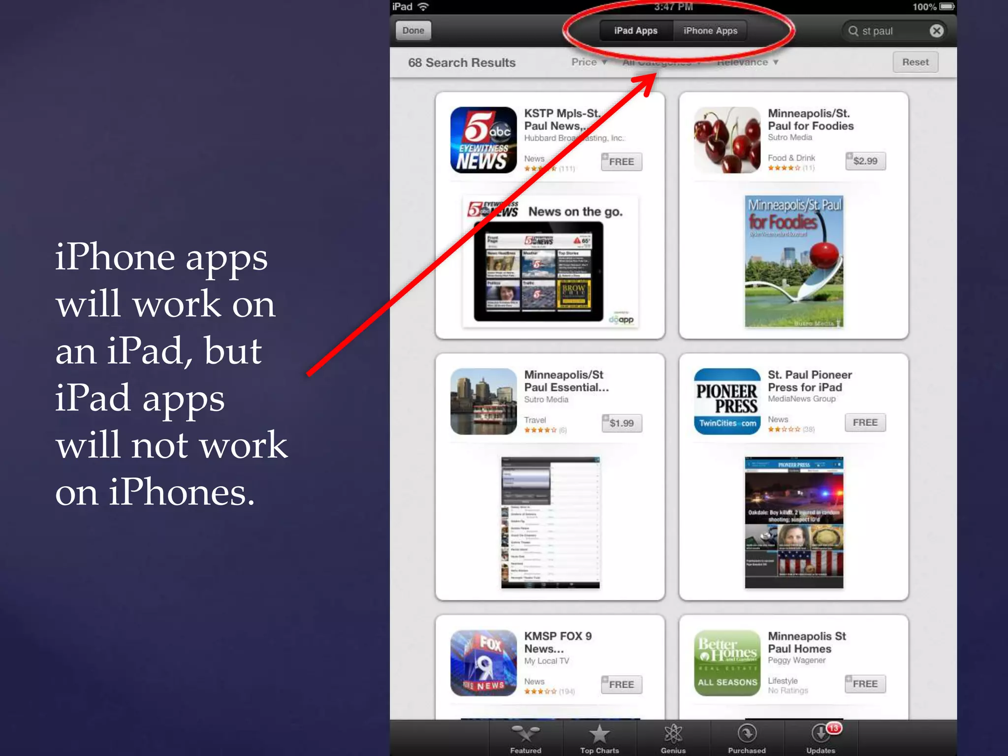 iPhone apps
will work on
an iPad, but
iPad apps
will not work
on iPhones.
 