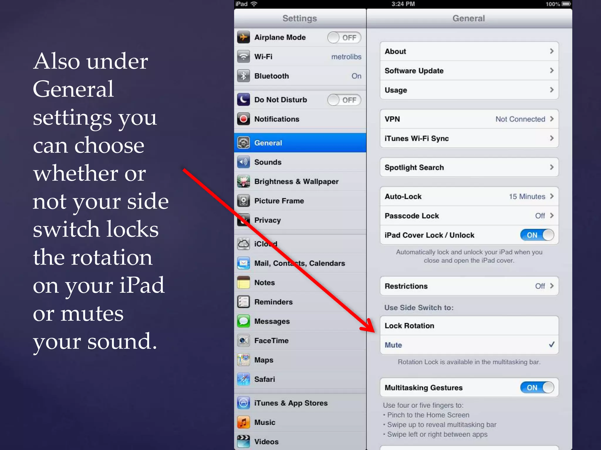 Also under
General
settings you
can choose
whether or
not your side
switch locks
the rotation
on your iPad
or mutes
your sound.
 