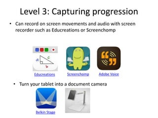Level 3: Capturing progression
• Can record on screen movements and audio with screen
recorder such as Educreations or Screenchomp
Educreations Screenchomp Adobe Voice
• Turn your tablet into a document camera
Belkin Stage
 
