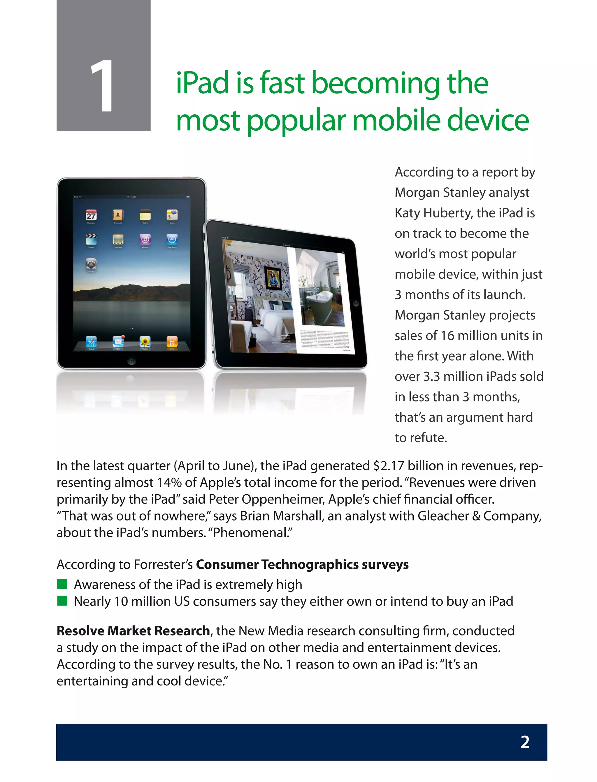 1                iPad is fast becoming the
                     most popular mobile device
                                                             According to a report by
                                                             Morgan Stanley analyst
                                                             Katy Huberty, the iPad is
                                                             on track to become the
                                                             world’s most popular
                                                             mobile device, within just
                                                             3 months of its launch.
                                                             Morgan Stanley projects
                                                             sales of 16 million units in
                                                             the first year alone. With
                                                             over 3.3 million iPads sold
                                                             in less than 3 months,
                                                             that’s an argument hard
                                                             to refute.

In the latest quarter (April to June), the iPad generated $2.17 billion in revenues, rep-
resenting almost 14% of Apple’s total income for the period. “Revenues were driven
primarily by the iPad” said Peter Oppenheimer, Apple’s chief financial officer.
“That was out of nowhere,” says Brian Marshall, an analyst with Gleacher & Company,
about the iPad’s numbers. “Phenomenal.”

According to Forrester’s Consumer Technographics surveys
  Awareness of the iPad is extremely high
  Nearly 10 million US consumers say they either own or intend to buy an iPad

Resolve Market Research, the New Media research consulting firm, conducted
a study on the impact of the iPad on other media and entertainment devices.
According to the survey results, the No. 1 reason to own an iPad is: “It’s an
entertaining and cool device.”



                                                                                    2
 