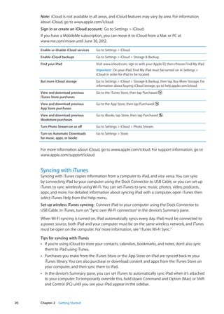Note:  iCloud is not available in all areas, and iCloud features may vary by area. For information
about iCloud, go to www.apple.com/icloud.
Sign in or create an iCloud account:  Go to Settings  iCloud.
If you have a MobileMe subscription, you can move it to iCloud from a Mac or PC at
www.me.com/move until June 30, 2012.
Enable or disable iCloud services Go to Settings  iCloud.
Enable iCloud backups Go to Settings  iCloud  Storage  Backup.
Find your iPad Visit www.icloud.com, sign in with your Apple ID, then choose Find My iPad.
Important:  On your iPad, Find My iPad must be turned on in Settings 
iCloud in order for iPad to be located.
But more iCloud storage Go to Settings  iCloud  Storage  Backup, then tap Buy More Storage. For
information about buying iCloud storage, go to help.apple.com/icloud.
View and download previous
iTunes Store purchases
Go to the iTunes Store, then tap Purchased .
View and download previous
App Store purchases
Go to the App Store, then tap Purchased .
View and download previous
iBookstore purchases
Go to iBooks, tap Store, then tap Purchased .
Turn Photo Stream on or off Go to Settings  iCloud  Photo Stream.
Turn on Automatic Downloads
for music, apps, or books
Go to Settings  Store.
For more information about iCloud, go to www.apple.com/icloud. For support information, go to
www.apple.com/support/icloud.
Syncing with iTunes
Syncing with iTunes copies information from a computer to iPad, and vice versa. You can sync
by connecting iPad to your computer using the Dock Connector to USB Cable, or you can set up
iTunes to sync wirelessly using Wi-Fi. You can set iTunes to sync music, photos, video, podcasts,
apps, and more. For detailed information about syncing iPad with a computer, open iTunes then
select iTunes Help from the Help menu.
Set up wireless iTunes syncing:  Connect iPad to your computer using the Dock Connector to
USB Cable. In iTunes, turn on“Sync over Wi-Fi connection”in the device’s Summary pane.
When Wi-Fi syncing is turned on, iPad automatically syncs every day. iPad must be connected to
a power source, both iPad and your computer must be on the same wireless network, and iTunes
must be open on the computer. For more information, see“iTunes Wi-Fi Sync.”
Tips for syncing with iTunes
If you’re using iCloud to store your contacts, calendars, bookmarks, and notes, don’t also syncÂÂ
them to iPad using iTunes.
Purchases you make from the iTunes Store or the App Store on iPad are synced back to yourÂÂ
iTunes library. You can also purchase or download content and apps from the iTunes Store on
your computer, and then sync them to iPad.
In the device’s Summary pane, you can set iTunes to automatically sync iPad when it’s attachedÂÂ
to your computer. To temporarily override this, hold down Command and Option (Mac) or Shift
and Control (PC) until you see your iPad appear in the sidebar.
20 Chapter 2    Getting Started
 