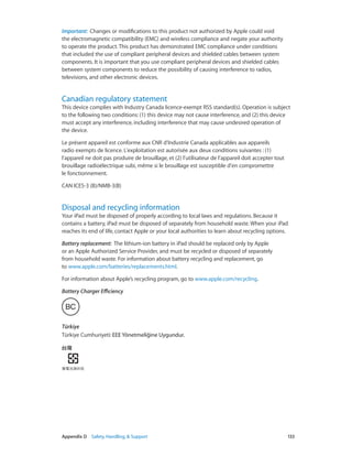 Important:  Changes or modifications to this product not authorized by Apple could void
the electromagnetic compatibility (EMC) and wireless compliance and negate your authority
to operate the product. This product has demonstrated EMC compliance under conditions
that included the use of compliant peripheral devices and shielded cables between system
components. It is important that you use compliant peripheral devices and shielded cables
between system components to reduce the possibility of causing interference to radios,
televisions, and other electronic devices.

Canadian regulatory statement

This device complies with Industry Canada licence-exempt RSS standard(s). Operation is subject
to the following two conditions: (1) this device may not cause interference, and (2) this device
must accept any interference, including interference that may cause undesired operation of
the device.
Le présent appareil est conforme aux CNR d’Industrie Canada applicables aux appareils
radio exempts de licence. L’exploitation est autorisée aux deux conditions suivantes : (1)
l’appareil ne doit pas produire de brouillage, et (2) l’utilisateur de l’appareil doit accepter tout
brouillage radioélectrique subi, même si le brouillage est susceptible d’en compromettre
le fonctionnement.
CAN ICES-3 (B)/NMB-3(B)

Disposal and recycling information

Your iPad must be disposed of properly according to local laws and regulations. Because it
contains a battery, iPad must be disposed of separately from household waste. When your iPad
reaches its end of life, contact Apple or your local authorities to learn about recycling options.
Battery replacement:  The lithium-ion battery in iPad should be replaced only by Apple
or an Apple Authorized Service Provider, and must be recycled or disposed of separately
from household waste. For information about battery recycling and replacement, go
to www.apple.com/batteries/replacements.html.
For information about Apple’s recycling program, go to www.apple.com/recycling.
Battery Charger Efficiency

Türkiye
Türkiye Cumhuriyeti: EEE Yönetmeliğine Uygundur.

	

Appendix D    Safety, Handling, & Support	

133

 