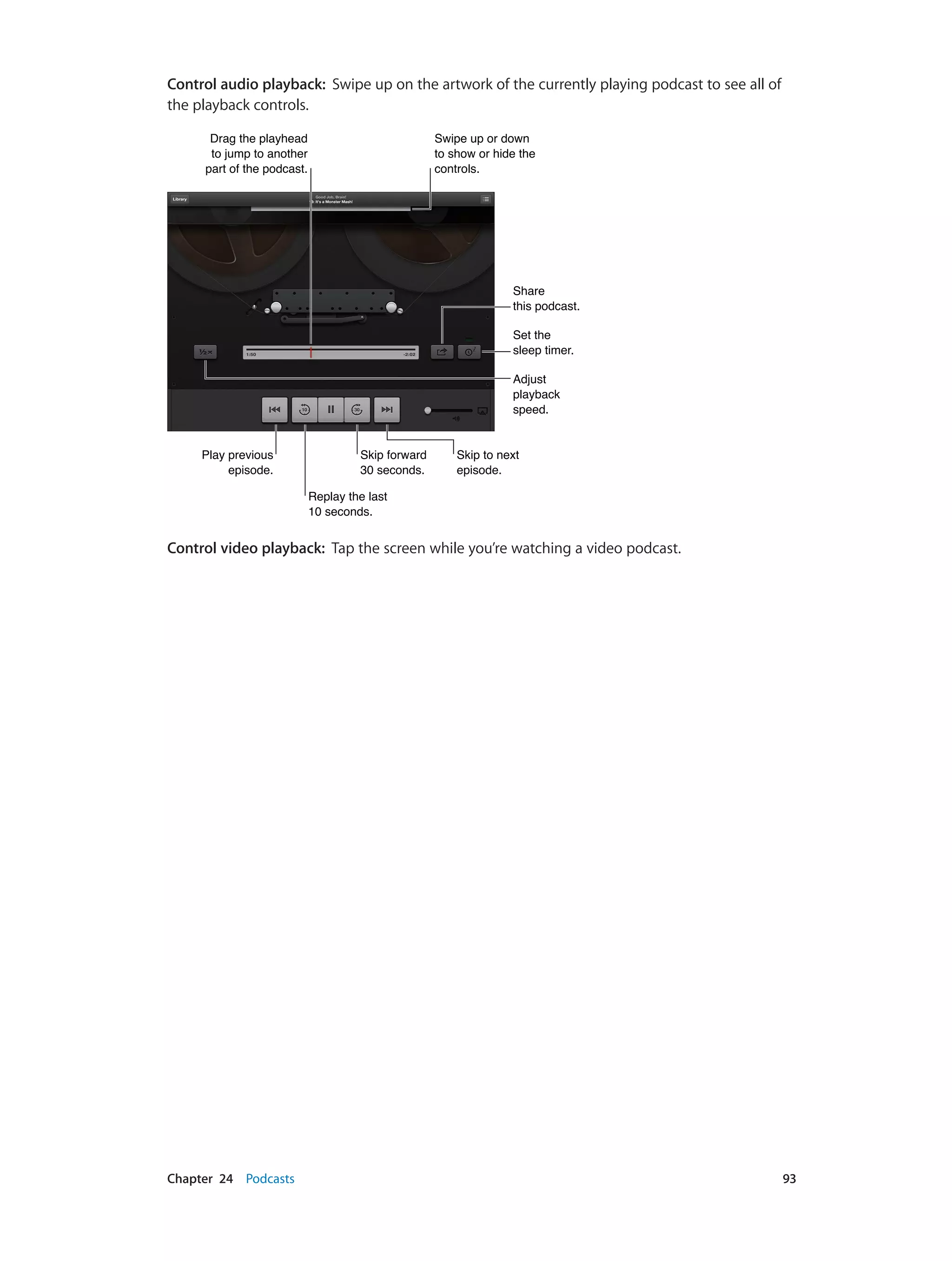 Chapter 24    Podcasts	 93
Control audio playback:  Swipe up on the artwork of the currently playing podcast to see all of
the playback controls.
Drag the playhead
to jump to another
part of the podcast.
Drag the playhead
to jump to another
part of the podcast.
Adjust
playback
speed.
Adjust
playback
speed.
Skip to next
episode.
Skip to next
episode.
Replay the last
10 seconds.
Replay the last
10 seconds.
Skip forward
30 seconds.
Skip forward
30 seconds.
Play previous
episode.
Play previous
episode.
Set the
sleep timer.
Set the
sleep timer.
Share
this podcast.
Share
this podcast.
Swipe up or down
to show or hide the
controls.
Swipe up or down
to show or hide the
controls.
Control video playback:  Tap the screen while you’re watching a video podcast.
 