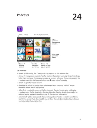 24
		 92
Podcasts
View the
podcasts in
your Library.
View the
podcasts in
your Library.
Browse all
available
podcasts.
Browse all
available
podcasts.
Browse and
preview the most
popular episode.
Browse and
preview the most
popular episode.
Scroll to see
your entire
library.
Scroll to see
your entire
library.
Tap a
podcast to
view available
episodes.
Tap a
podcast to
view available
episodes.
Delete a podcast.Delete a podcast. See the playback controls.See the playback controls.
Get podcasts:  
•• Browse the full catalog:  Tap Catalog, then tap any podcast that interests you.
•• Browse the most popular podcasts:  Tap Top Stations (if you don’t see it, tap Library first). Swipe
left or right to change the category, or swipe up or down to browse the current category. Tap
a podcast to preview the latest episode, or tap to see a list of episodes.
•• Stream an episode:  Tap any episode.
•• Download an episode so you can listen to it when you’re not connected to Wi-Fi:  Tap the
download button next to any episode.
•• Subscribe to a podcast to always get the latest episode:  If you’re browsing the catalog, tap
a podcast to see the list of episodes, then tap Subscribe. If you’ve already downloaded an
episode, tap the podcast in your library, tap , then turn on Subscription.
•• Automatically get the latest episode of a subscribed podcast:  Tap the podcast in your library,
tap , then turn on Auto-Download. If you don’t see the Auto-Download switch, make sure
you’ve turned on Subscription first.
 