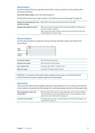Home button
The Home button lets you get back to the Home screen at any time. It also provides other
convenient shortcuts.
Go to the Home screen:  Press the Home button .
On the Home screen, tap an app to open it. See“Opening and switching apps” on page 24.
Display the multitasking bar to see
recently used apps
When iPad is unlocked, double-click the Home button .
Display audio playback controls When iPad is locked: Double-click the Home button . See“Playing songs
and other audio” on page 85.
When using another app: Double-click the Home button , then flick the
multitasking bar from left to right.
Volume buttons
Use the volume buttons to adjust the volume of songs and other media, and of alerts and
sound effects.
Volume
buttons
Volume
buttons
Side
Switch
Side
Switch
Increase the volume Press the Volume Up button.
Decrease the volume Press the Volume Down button.
Set a volume limit In Settings, go to Music  Volume Limit.
Mute the sound Hold down the Volume Down button.
WARNING:  For important information about avoiding hearing loss, see the iPad Important
Product Information Guide at support.apple.com/manuals/ipad.
Side Switch
You can use the Side Switch to disable audio alerts and notifications.You can also use it to lock the
screen rotation and prevent the iPad display from switching between portrait and landscape mode.
Mute notifications, alerts, and
sound effects
Slide the Side Switch down to mute notifications, alerts, and sound effects.
This switch doesn’t mute audio playback, such as music, podcasts, movies,
and TV shows. See“Side Switch” on page 127.
Lock the screen rotation In Settings, go to General  Use Side Switch to, then tap Lock Rotation. See
“Side Switch” on page 127.
11Chapter 1    At a Glance
 