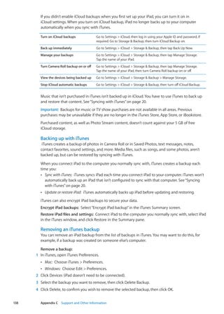 If you didn’t enable iCloud backups when you first set up your iPad, you can turn it on in
iCloud settings. When you turn on iCloud backup, iPad no longer backs up to your computer
automatically when you sync with iTunes.
Turn on iCloud backups Go to Settings  iCloud, then log in using your Apple ID and password, if
required. Go to Storage  Backup, then turn iCloud Backup on.
Back up immediately Go to Settings  iCloud  Storage  Backup, then tap Back Up Now.
Manage your backups Go to Settings  iCloud  Storage  Backup, then tap Manage Storage.
Tap the name of your iPad.
Turn Camera Roll backup on or off Go to Settings  iCloud  Storage  Backup, then tap Manage Storage.
Tap the name of your iPad, then turn Camera Roll backup on or off.
View the devices being backed up Go to Settings  iCloud  Storage  Backup  Manage Storage.
Stop iCloud automatic backups Go to Settings  iCloud  Storage  Backup, then turn off iCloud Backup.
Music that isn’t purchased in iTunes isn’t backed up in iCloud. You have to use iTunes to back up
and restore that content. See“Syncing with iTunes” on page 20.
Important:  Backups for music or TV show purchases are not available in all areas. Previous
purchases may be unavailable if they are no longer in the iTunes Store, App Store, or iBookstore.
Purchased content, as well as Photo Stream content, doesn’t count against your 5 GB of free
iCloud storage.
Backing up with iTunes
iTunes creates a backup of photos in Camera Roll or in Saved Photos, text messages, notes,
contact favorites, sound settings, and more. Media files, such as songs, and some photos, aren’t
backed up, but can be restored by syncing with iTunes.
When you connect iPad to the computer you normally sync with, iTunes creates a backup each
time you:
ÂÂ Sync with iTunes: iTunes syncs iPad each time you connect iPad to your computer. iTunes won’t
automatically back up an iPad that isn’t configured to sync with that computer. See“Syncing
with iTunes” on page 20.
ÂÂ Update or restore iPad: iTunes automatically backs up iPad before updating and restoring.
iTunes can also encrypt iPad backups to secure your data.
Encrypt iPad backups:  Select“Encrypt iPad backup”in the iTunes Summary screen.
Restore iPad files and settings:  Connect iPad to the computer you normally sync with, select iPad
in the iTunes window, and click Restore in the Summary pane.
Removing an iTunes backup
You can remove an iPad backup from the list of backups in iTunes. You may want to do this, for
example, if a backup was created on someone else’s computer.
Remove a backup:
	 1	 In iTunes, open iTunes Preferences.
ÂÂ Mac: Choose iTunes  Preferences.
ÂÂ Windows: Choose Edit  Preferences.
	 2	 Click Devices (iPad doesn’t need to be connected).
	 3	 Select the backup you want to remove, then click Delete Backup.
	 4	 Click Delete, to confirm you wish to remove the selected backup, then click OK.
138 Appendix C    Support and Other Information
 