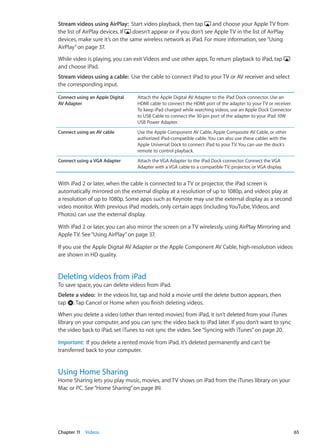 Stream videos using AirPlay:  Start video playback, then tap and choose your Apple TV from
the list of AirPlay devices. If doesn’t appear or if you don’t see Apple TV in the list of AirPlay
devices, make sure it’s on the same wireless network as iPad. For more information, see“Using
AirPlay” on page 37.
While video is playing, you can exit Videos and use other apps. To return playback to iPad, tap
and choose iPad.
Stream videos using a cable:  Use the cable to connect iPad to your TV or AV receiver and select
the corresponding input.
Connect using an Apple Digital
AV Adapter
Attach the Apple Digital AV Adapter to the iPad Dock connector. Use an
HDMI cable to connect the HDMI port of the adapter to your TV or receiver.
To keep iPad charged while watching videos, use an Apple Dock Connector
to USB Cable to connect the 30-pin port of the adapter to your iPad 10W
USB Power Adapter.
Connect using an AV cable Use the Apple Component AV Cable, Apple Composite AV Cable, or other
authorized iPad-compatible cable. You can also use these cables with the
Apple Universal Dock to connect iPad to your TV. You can use the dock’s
remote to control playback.
Connect using a VGA Adapter Attach the VGA Adapter to the iPad Dock connector. Connect the VGA
Adapter with a VGA cable to a compatible TV, projector, or VGA display.
With iPad 2 or later, when the cable is connected to a TV or projector, the iPad screen is
automatically mirrored on the external display at a resolution of up to 1080p, and videos play at
a resolution of up to 1080p. Some apps such as Keynote may use the external display as a second
video monitor. With previous iPad models, only certain apps (including YouTube, Videos, and
Photos) can use the external display.
With iPad 2 or later, you can also mirror the screen on a TV wirelessly, using AirPlay Mirroring and
Apple TV. See“Using AirPlay” on page 37.
If you use the Apple Digital AV Adapter or the Apple Component AV Cable, high-resolution videos
are shown in HD quality.
Deleting videos from iPad
To save space, you can delete videos from iPad.
Delete a video:  In the videos list, tap and hold a movie until the delete button appears, then
tap . Tap Cancel or Home when you finish deleting videos.
When you delete a video (other than rented movies) from iPad, it isn’t deleted from your iTunes
library on your computer, and you can sync the video back to iPad later. If you don’t want to sync
the video back to iPad, set iTunes to not sync the video. See“Syncing with iTunes” on page 20.
Important:  If you delete a rented movie from iPad, it’s deleted permanently and can’t be
transferred back to your computer.
Using Home Sharing
Home Sharing lets you play music, movies, and TV shows on iPad from the iTunes library on your
Mac or PC. See“Home Sharing” on page 89.
65Chapter 11    Videos
 