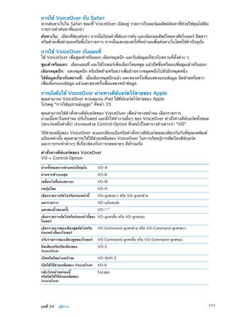 การใช้ VoiceOver กับ Safari
หากค้นหาเว็บใน Safari ขณะที่ VoiceOver เปิดอยู่ รายการโรเตอร์ผลลัพธ์ค้นหาที่ช่วยให้คุณได้ยิน
รายการคำค้นหาที่แนะนำ
ค้นหาเว็บ:  เลือกที่ช่องค้นหา จากนั้นป้อนคำที่ต้องการค้น และเลือกผลลัพธ์โดยอาศัยโรเตอร์ ปัดขวา
หรือซ้ายเพื่อย้ายลงหรือขึ้นในรายการ จากนั้นแตะสองครั้งที่หน้าจอเพื่อค้นหาเว็บโดยใช้คำปัจจุบัน
การใช้ VoiceOver กับแผนที่
ใช้ VoiceOver เพื่อซูมเข้าหรือออก เลือกหมุดปัก และรับข้อมูลเกี่ยวกับสถานที่ตั้งต่าง ๆ
ซูมเข้าหรือออก:  เลือกแผนที่ และใช้โรเตอร์เพื่อเลือกโหมดซูม แล้วปัดขึ้นหรือลงเพื่อซูมเข้าหรือออก
เลือกหมุดปัก:  แตะหมุดปัก หรือปัดซ้ายหรือขวาเพื่อย้ายจากหมุดหนึ่งไปยังอีกหมุดหนึ่ง
ใช้ข้อมูลเกี่ยวกับสถานที่:  เมื่อเลือกหมุดปักแล้ว แตะสองครั้งเพื่อแสดงแถบข้อมูล ปัดซ้ายหรือขวา
เพื่อเลือกแถบข้อมูล แล้วแตะสองครั้งเพื่อแสดงหน้าข้อมูล
การบังคับใช้ VoiceOver ผ่านทางคีย์บอร์ดไร้สายของ Apple
คุณสามารถ VoiceOver ควบคุมบน iPad ใช้คีย์บอร์ดไร้สายของ Apple
โปรดดู “การใช้อุปกรณ์บลูทูธ” ที่หน้า 35
คุณสามารถใช้คำสั่งทางคีย์บอร์ดของ VoiceOver เพื่อนำทางหน้าจอ เลือกรายการ
อ่านเนื้อหาในหน้าจอ ปรับโรเตอร์ และสั่งให้ทำงานอื่นๆ ของ VoiceOver คำสั่งทางคีย์บอร์ดทั้งหมด
(ยกเว้นหนึ่งคำสั่ง) ประกอบด้วย Control-Option ซึ่งย่อไว้ในตารางข้างล่างว่า “VO”
วิธีช่วยเหลือของ VoiceOver จะออกเสียงแป้นหรือคำสั่งทางคีย์บอร์ดขณะเดียวกันกับที่คุณกดพิมพ์
แป้นเหล่านั้น คุณสามารถใช้วิธีช่วยเหลือของ VoiceOver ในการเรียนรู้การจัดเรียงคีย์บอร์ด
และการกระทำต่างๆ ที่เกี่ยวข้องกับการกดหลายๆ คีย์ร่วมกัน
คำสั่งทางคีย์บอร์ดของ VoiceOver
VO = Control-Option
อ่านทั้งหมดจากตำแหน่งปัจจุบัน VO–A
อ่านจากข้างบนสุด VO–B
เคลื่อนไปที่แถบสถานะ VO–M
กดปุ่มโฮม VO–H
เลือกรายการถัดไปหรือก่อนหน้านี้ VO–ลูกศรขวา หรือ VO–ลูกศรซ้าย
แตะรายการ VO–แป้นสเปซ
แตะสองนิ้วสองครั้ง VO–“-”
เลือกรายการถัดไปหรือก่อนหน้านี้ของ
โรเตอร์
VO–ลูกศรขึ้น หรือ VO–ลูกศรลง
เลือกรายการของเสียงพูดถัดไปหรือ
ก่อนหน้านี้ของโรเตอร์
VO–Command–ลูกศรซ้าย หรือ VO–Command–ลูกศรขวา
ปรับรายการของเสียงพูดของโรเตอร์ VO–Command–ลูกศรขึ้น หรือ VO–Command–ลูกศรลง
ปิดเสียงหรือเปิดเสียงของ
VoiceOver
VO–S
เปิดหรือปิดม่านหน้าจอ VO–Shift-S
เปิดใช้วิธีช่วยเหลือของ VoiceOver VO–K
กลับไปหน้าจอก่อนนี้
หรือปิดใช้วิธีช่วยเหลือของ
VoiceOver
Escape
111บทที่ 24    ผู้พิการ
 