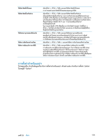 รีเซ็ทค่าติดตั้งทั้งหมด เลือกตั้งค่า  ทั่วไป  รีเซ็ท และแตะรีเซ็ทค่าติดตั้งทั้งหมด
การกำหนดค่าและค่าติดตั้งทั้งหมดของคุณจะถูกรีเช็ท
รีเซ็ทค่าติดตั้งเครือข่าย เลือกตั้งค่า  ทั่วไป  รีเซ็ท และแตะรีเซ็ทค่าติดตั้งเครือข่าย
เมื่อคุณรีเซ็ทค่าติดตั้งเครือข่าย รายการเครือข่ายของคุณที่ใช้ก่อนหน้าและ
ค่าติดตั้ง VPN ที่ไม่ได้มาจากโปรไฟล์กำหนดค่าจะถูกลบทิ้งไป การปิด Wi-Fi
แล้วเปิดกลับมาใช้ใหม่จะเป็นการทำให้คุณเลิกการเชื่อมต่อจากเครือข่ายใดๆ
ที่คุณเข้าใช้อยู่ ค่าติดตั้ง Wi-Fi และ ถามก่อนเชื่อมเครือข่าย
จะเปิดอยู่โดยปรกติ
ในการลบค่าติดตั้ง VPN ที่ติดตั้งมาจากโปรไฟล์กำหนดค่า ไปที่ตั้งค่า 
ทั่วไป  โปรไฟล์ แล้วเลือกโปรไฟล์ และแตะลบ ค่าติดตั้งและบัญชีผู้ใช้อื่นๆ
ที่อยู่ในโปร์ไฟล์ก็จะถูกลบไปด้วย
รีเซ็ทพจนานุกรมของคีย์บอร์ด เลือกตั้งค่า  ทั่วไป  รีเซ็ท และแตะรีเซ็ทพจนานุกรมคีย์บอร์ด
คุณเพิ่มคำเข้าในพจนานุกรมโดยปฎิเสธคำที่ iPad แนะนำระหว่างพิมพ์
แตะที่คำเพื่อปฎิเสธคำเสนอแนะ และเพิ่มคำนั้นในพจนานุกรมของคีย์บอร์ด
การรีเซ็ทพจนานุกรมของคีย์บอร์ดจะลบคำทั้งหมดที่คุณได้เพิ่มเข้าไป
รีเซ็ทการจัดเรียงหน้าจอโฮม เลือกตั้งค่า  ทั่วไป  รีเซ็ท  และแตะรีเซ็ทการเรียงไอคอนที่หน้าจอโฮม
รีเซ็ทการเตือนบริการหาที่ตั้ง เลือกตั้งค่า  ทั่วไป  รีเซ็ท และแตะรีเซ็ทการเตือนบริการหาที่ตั้ง
การเตือนบริการหาที่ตั้งจะเรียกขอโดยแอปฯ ในการใช้บริการหาที่ตั้ง iPad
จะแสดงการเตือนที่ตั้งสำหรับแอปฯ ที่ครั้งแรกของแอปฯ ได้สร้างการร้อง
ขอไปเพื่อใช้บริการหาที่ตั้ง หากคุณแตะยกเลิกต่อการตอบกลับคำขอนั้น
คำขอนั้นจะไม่ปรากฎอีกต่อไป ในการรีเซ็ทการเตือนบริการหาที่ตั้ง เพื่อที่คุณจะ
ได้รับการร้องขอจากแอปฯ อีกครั้ง แตะรีเซ็ทการเตือนบริการหาที่ตั้ง
การตั้งค่าสำหรับแอปฯ
โปรดดูบทอื่น สำหรับข้อมูลเกี่ยวกับการตั้งค่าสำหรับแอปฯ ตัวอย่างเช่น สำหรับการตั้งค่า Safari
โปรดดูที่ “Safari”
125บทที่ 25    ตั้งค่า
 