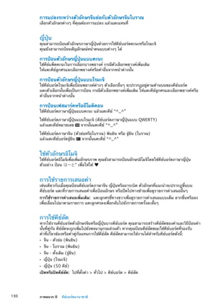 การแปลงระหว่างตัวอักษรจีนย่อกับตัวอักษรจีนโบราณ
เลือกตัวอักษรต่างๆ ที่คุณต้องการแปลง แล้วแตะแทนที่
ญี่ปุ่น
คุณสามารถป้อนตัวอักษรภาษาญี่ปุ่นด้วยการใช้คีย์บอร์ดคะนะหรือโรมะจิ
คุณยังสามารถป้อนสัญลักษณ์หน้าคนแบบต่างๆ ได้
การป้อนตัวอักษรญี่ปุ่นแบบคะนะ
ใช้คีย์แพ็ดคะนะในการเลือกบางพยางค์ กรณีตัวเลือกพยางค์เพิ่มเติม
ให้แตะคีย์ลูกศรและเลือกพยางค์หรือคำอื่นจากหน้าต่างนั้น
การป้อนตัวอักษรญี่ปุ่นแบบโรมะจิ
ใช้คีย์บอร์ดโรมะจิเพื่อป้อนพยางค์ต่างๆ ตัวเลือกอื่นๆ จะปรากฏอยู่ตามด้านบนของคีย์บอร์ด
แตะตัวเลือกนั้นเพื่อเป็นการป้อน กรณีตัวเลือกพยางค์เพิ่มเติม ให้แตะคีย์ลูกศรและเลือกพยางค์หรือ
คำอื่นจากหน้าต่างนั้น
การป้อนเฟสมาร์คหรืออีโมติคอน
ใช้คีย์บอร์ดภาษาญี่ปุ่นแบบคะนะ แล้วแตะคีย์ “^_^”
ใช้คีย์บอร์ดภาษาญี่ปุ่นแบบโรมะจิ (คีย์บอร์ดภาษาญี่ปุ่นแบบ QWERTY)
แล้วแตะคีย์หมายเลข จากนั้นแตะคีย์ “^_^”
ใช้คีย์บอร์ดภาษาจีน (ตัวย่อหรือโบราณ) พินยิน หรือ จู้ยิน (โบราณ)
แล้วแตะคีย์บอร์ดจู้ยิน จากนั้นแตะคีย์ “^_^”
ใช้ตัวอักษรอิโมจิ
ใช้คีย์บอร์ดอิโมจิเพื่อเพิ่มอักษรภาพ คุณยังสามารถป้อนอักษรอิโมจิโดยใช้คีย์บอร์ดภาษาญี่ปุ่น
ตัวอย่าง ป้อน はーと เพื่อให้ได้ ♥
การใช้รายการเสนอคำ
เช่นเดียวกับเมื่อคุณป้อนคีย์บอร์ดภาษาจีน ญี่ปุ่นหรืออาระบิค ตัวอักษรที่แนะนำจะปรากฏขึ้นบน
คีย์บอร์ด แตะที่รายการเสนอคำเพื่อป้อนอักษร หรือปัดไปทางซ้ายเพื่อดูรายการคำเสนออื่นๆ
การใช้รายการคำเสนอเพิ่มเติม:  แตะลูกศรชี้ทางขวาเพื่อดูรายการคำเสนอแบบเต็ม ลากขึ้นหรือลง
เพื่อเลื่อนไปมาตามรายการ แตะลูกศรลงเพื่อกลับไปยังรายการครั้งละสั้นๆ
การใช้คีย์ลัด
หากใช้งานคีย์บอร์ดตัวอักษรจีนหรือญี่ปุ่นบางคีย์บอร์ด คุณสามารถสร้างคีย์ลัดของคำและวิธีป้อนคำ
นั้นที่คู่กัน คีย์ลัดจะถูกเพิ่มไปยังพจนานุกรมส่วนตัว หากคุณป้อนคีย์ลัดขณะใช้คีย์บอร์ดที่รองรับ
คำที่เกี่ยวข้องหรือคำคู่กันแทนการใช้คีย์ลัด คีย์ลัดสามารถใช้งานได้สำหรับคีย์บอร์ดดังนี้:
จีน - ตัวย่อ (พินยิน)ÂÂ
จีน - โบราณ (พินยิน)ÂÂ
จีน - ดั้งเดิม (จู้ยิน)ÂÂ
ญี่ปุ่น (โรมะจิ)ÂÂ
ญี่ปุ่น (50 คีย์)ÂÂ
เปิดหรือปิดคีย์ลัด:  ไปที่ตั้งค่า  ทั่วไป  คีย์บอร์ด  คีย์ลัด
130 ภาคผนวก B    คีย์บอร์ดนานาชาติ
 