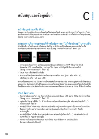 สนับสนุนและข้อมูลอื่นๆ
ภาคผนวก
C
หน้าข้อมูลช่วยเหลือ iPad
ข้อมูลความช่วยเหลืออย่างครบถ้วนพร้อมใช้งานออนไลน์ที่ www.apple.com/th/support/ipad
คุณยังสามารถใช้ Express Lane สำหรับความช่วยเหลือแบบส่วนตัว (อาจไม่มีบริการในทุกประเทศ)
โปรดดู expresslane.apple.com  
ภาพแสดงปริมาณแบตเตอรี่ต่ำหรือข้อความ “ไม่ได้ชาร์จอยู่” ปรากฏขึ้น
iPad มีพลังงานไฟต่ำ และจำเป็นต้องชาร์จเป็นเวลาถึงสิบนาทีก่อนทึ่คุณจะสามารถใช้เครื่องได้
สำหรับข้อมูลเพิ่มเติมเกี่ยวกับการชาร์จ iPad โปรดดู “การชาร์จแบตเตอรี่” ที่หน้า 20
หรือ
หากจะชาร์จ ให้แน่ใจว่า คุณใช้อะแดปเตอร์ไฟแบบ USB ขนาด 10W ที่ให้มากับ iPadÂÂ
ช่องพอร์ต USB บนเครื่อง Mac รุ่นล่าสุด วิธีชาร์จอย่างเร็วที่สุดให้ใช้อะแดปเตอร์ไฟ
โปรดดู “การชาร์จแบตเตอรี่” ที่หน้า 20
ให้ปิด iPad เพื่อให้ชาร์จได้เร็วขึ้นÂÂ
iPad อาจไม่ชาร์จหากต่อกับช่องพอร์ต USB ของเครื่อง Mac รุ่นเก่า หรือ เครื่อง PCÂÂ
หรือคีย์บอร์ด หรือ Hub แบบ USB
หากเครื่อง Mac หรือ PC ไม่มีพลังงานไฟเพียงพอในการชาร์จ iPad จะปรากฏข้อความไม่ได้ชาร์จบน
แถบสถานะ ในการชาร์จ iPad ให้ถอดออกจากเครื่องคอมพิวเตอร์ของคุณ และต่อเครื่องเข้ากับปลั๊กไฟ
โดยใช้สายเคเบิล USB ที่ต่อกับแท่นวาง และอะแดปเตอร์ไฟแบบ USB ขนาด 10W ที่ให้มากับเครื่อง
iPad ไม่ทำงาน
iPad อาจมีแบตเตอรี่ตÂÂ ่ำ ต่อ iPad เข้ากับอะแดปเตอร์ไฟแบบ USB ขนาด 10W เพื่อชาร์จเครื่อง
โปรดดู “การชาร์จแบตเตอรี่” ที่หน้า 20
กดปุ่มพัก/ปลุกค้างไว้สัก 2 - 3 วินาที จนกระทั่งแถบสีแดงปรากฎขึ้น แล้วกดปุ่มโฮมค้างไว้ÂÂ
เพื่อเปิดแอปฯ ที่คุณใช้
หากยังไม่ได้ผล ให้ปิด iPad แล้วเปิดใหม่อีกครั้ง กดปุ่มนอนพัก/ปลุกค้างไว้ จนกระทั่งแถบเลื่อนÂÂ
สีแดงปรากฏขึ้น แล้วลากแถบเลื่อน แล้วกดปุ่มนอนพัก/ปลุกค้างไว้จนกว่าโลโก้ Apple
จะปรากฏขึ้น
หากยังไม่ได้ผล ให้รีเซ็ท iPad กดปุ่มพัก/ปลุก พร้อมกับปุ่มโฮม ค้างไวÂÂ อย่างน้อยสิบวินาที
จนกระทั่งโลโก้ Apple ปรากฏขึ้น
หากหน้าจอไม่หมุนขณะที่คุณหมุน iPad ให้ถือ iPad ตั้งขึ้นตรงๆ และให้แน่ใจว่าÂÂ
ล็อกหมุนหน้าจอไม่ได้ล็อกไว้
132
 
