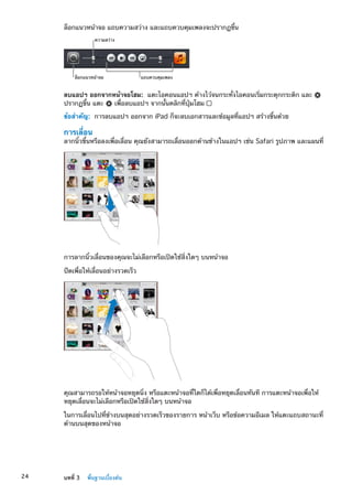ล็อกแนวหน้าจอ แถบความสว่าง และแถบควบคุมเพลงจะปรากฏขึ้น
ความสว�าง
ล็อกแนวหน�าจอ แถบควบคุมเพลง
ลบแอปฯ ออกจากหน้าจอโฮม:  แตะไอคอนแอปฯ ค้างไว้จนกระทั่งไอคอนเริ่มกระดุกกระดิก และ
ปรากฏขึ้น แตะ เพื่อลบแอปฯ จากนั้นคลิกที่ปุ่มโฮม
ข้อสำคัญ:  การลบแอปฯ ออกจาก iPad ก็จะลบเอกสารและข้อมูลที่แอปฯ สร้างขึ้นด้วย
การเลื่อน
ลากนิ้วขึ้นหรือลงเพื่อเลื่อน คุณยังสามารถเลื่อนออกด้านข้างในแอปฯ เช่น Safari รูปภาพ และแผนที่
การลากนิ้วเลื่อนของคุณจะไม่เลือกหรือเปิดใช้สิ่งใดๆ บนหน้าจอ
ปัดเพื่อให้เลื่อนอย่างรวดเร็ว
คุณสามารถรอให้หน้าจอหยุดนิ่ง หรือแตะหน้าจอที่ใดก็ได้เพื่อหยุดเลื่อนทันที การแตะหน้าจอเพื่อให้
หยุดเลื่อนจะไม่เลือกหรือเปิดใช้สิ่งใดๆ บนหน้าจอ
ในการเลื่อนไปที่ข้างบนสุดอย่างรวดเร็วของรายการ หน้าเว็บ หรือข้อความอีเมล ให้แตะแถบสถานะที่
ด้านบนสุดของหน้าจอ
24 บทที่ 3    พื้นฐานเบื้องต้น
 