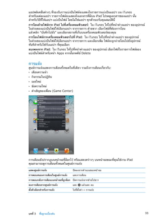 แอปพลิเคชั่นต่างๆ ที่รองรับการแบ่งปันไฟล์จะแสดงในรายการแบ่งปันแอปฯ บน iTunes
สำหรับแต่ละแอปฯ รายการไฟล์จะแสดงถึงเอกสารที่มีบน iPad โปรดดูเอกสารของแอปฯ นั้น
สำหรับวิธีที่ให้แอปฯ แบ่งปันไฟล์ โดยไม่ใช่แอปฯ ทุกตัวรองรับคุณสมบัตินี้
การโอนย้ายไฟล์จาก iPad ไปที่เครื่องคอมพิวเตอร์:  ใน iTunes ให้ไปที่หน้าต่างแอปฯ ของอุปกรณ์
ในส่วนของแบ่งปันไฟล์ให้เลือกแอปฯ จากรายการ ด้ายขวา เลือกไฟล์ที่ต้องการโอน
แล้วคลิก “บันทึกไปยัง” และเลือกสถานที่เก็บบนเครื่องคอมพิวเตอร์ของคุณ
การโอนไฟล์จากเครื่องคอมพิวเตอรไปที่ iPad:  ใน iTunes ให้ไปที่หน้าต่างแอปฯ ของอุปกรณ์
ในส่วนของแบ่งปันไฟล์ให้เลือกแอปฯ จากรายการ และเลือกเพิ่ม ไฟล์จะถูกถ่ายโอนไปยังอุปกรณ์
ทันทีสำหรับใช้กับแอปฯ ที่คุณเลือก
ลบเพลงจาก iPad:  ใน iTunes ให้ไปที่หน้าต่างแอปฯ ของอุปกรณ์ เลือกไฟล์ในรายการไฟล์ของ
แบ่งปันไฟล์สำหรับหน้า Apps จากนั้นกดคีย์ Delete
การแจ้ง
ศูนย์การแจ้งแสดงการเตือนทั้งหมดในที่เดียว รวมถึงการเตือนเกี่ยวกับ:
เตือนความจำÂÂ
กิจกรรมในปฏิทินÂÂ
เมลใหม่ÂÂ
ข้อความใหม่ÂÂ
คำเชิญของเพื่อน (Game Center)ÂÂ
การเตือนยังปรากฎบนหน้าจอที่ล็อกไว้ หรือแสดงคร่าวๆ บนหน้าจอขณะที่คุณใช้งาน iPad
คุณสามารถดูการเตือนทั้งหมดในศูนย์การแจ้ง
แสดงศูนย์การแจ้ง ปัดลงจากด้านบนของหน้าจอ
การตอบสนองการเตือนในศูนย์การแจ้ง แตะการเตือน
การตอบกลับการเตือนบนหน้าจอที่ถูกล็อก ปัดการแจ้งจากซ้ายไปขวา
ลบการเตือนจากศูนย์การแจ้ง แตะ แล้วแตะ ลบ
ตั้งตัวเลือกสำหรับการแจ้ง ไปที่ตั้งค่า  การแจ้ง
33บทที่ 3    พื้นฐานเบื้องต้น
 