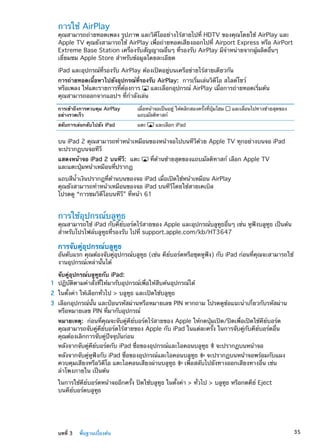 การใช้ AirPlay
คุณสามารถถ่ายทอดเพลง รูปภาพ และวิดีโออย่างไร้สายไปที่ HDTV ของคุณโดยใช้ AirPlay และ
Apple TV คุณยังสามารถใช้ AirPlay เพื่อถ่ายทอดเสียงออกไปที่ Airport Express หรือ AirPort
Extreme Base Station เครื่องรับสัญญาณอื่นๆ ที่รองรับ AirPlay มีจำหน่ายจากผู้ผลิตอื่นๆ
เยี่ยมชม Apple Store สำหรับข้อมูลโดยละเอียด
iPad และอุปกรณ์ที่รองรับ AirPlay ต้องเปิดอยู่บนเครือข่ายไร้สายเดียวกัน
การถ่ายทอดเนื้อหาไปยังอุปกรณ์ที่รองรับ AirPlay:  การเริ่มเล่นวิดีโอ สไลด์โชว์
หรือเพลง ให้แตะรายการที่ต้องการ และเลือกอุปกรณ์ AirPlay เมื่อการถ่ายทอดเริ่มต้น
คุณสามารถออกจากแอปฯ ที่กำลังเล่น
การเข้าถึงการควบคุม AirPlay
อย่างรวดเร็ว
เมื่อหน้าจอเป็นอยู่ ให้คลิกสองครั้งที่ปุ่มโฮม และเลื่อนไปทางซ้ายสุดของ
แถบมัลติทาสก์
สลับการเล่นกลับไปยัง iPad แตะ และเลือก iPad
บน iPad 2 คุณสามารถทำหน้าเหมือนของหน้าจอไปบนทีวีด้วย Apple TV ทุกอย่างบนจอ iPad
จะปรากฏบนจอทีวี
แสดงหน้าจอ iPad 2 บนทีวี:  แตะ ที่ด้านซ้ายสุดของแถบมัลติทาสก์ เลือก Apple TV
และแตะปุ่มหน้าเหมือนที่ปรากฏ
แถบสีน้ำเงินปรากฎที่ด้านบนของจอ iPad เมื่อเปิดใช้หน้าเหมือน AirPlay
คุณยังสามารถทำหน้าเหมือนของจอ iPad บนทีวีโดยใช้สายเคเบิล
โปรดดู “การชมวิดีโอบนทีวี” ที่หน้า 61
การใช้อุปกรณ์บลูทูธ
คุณสามารถใช้ iPad กับคีย์บอร์ดไร้สายของ Apple และอุปกรณ์บลูทูธอื่นๆ เช่น หูฟังบลูทูธ เป็นต้น
สำหรับโปรไฟล์บลูทูธที่รองรับ ไปที่ support.apple.com/kb/HT3647
การจับคู่อุปกรณ์บลูทูธ
อันดับแรก คุณต้องจับคู่อุปกรณ์บลูทูธ (เช่น คีย์บอร์ดหรือชุดหูฟัง) กับ iPad ก่อนที่คุณจะสามารถใช้
งานอุปกรณ์เหล่านั้นได้
จับคู่อุปกรณ์บลูทูธกับ iPad: 
	 1	 ปฏิบัติตามคำสั่งที่ให้มากับอุปกรณ์เพื่อให้สืบค้นอุปกรณ์ได้
	 2	 ในตั้งค่า ให้เลือกทั่วไป  บลูทูธ และเปิดใช้บลูทูธ
	 3	 เลือกอุปกรณ์นั้น และป้อนรหัสผ่านหรือหมายเลข PIN หากถาม โปรดดูข้อแนะนำเกี่ยวกับรหัสผ่าน
หรือหมายเลข PIN ที่มากับอุปกรณ์
หมายเหตุ:  ก่อนที่คุณจะจับคู่คีย์บอร์ดไร้สายของ Apple ให้กดปุ่มเปิด/ปิดเพื่อเปิดใช้คีย์บอร์ด
คุณสามารถจับคู่คีย์บอร์ดไร้สายของ Apple กับ iPad ในแต่ละครั้ง ในการจับคู่กับคีย์บอร์ดอื่น
คุณต้องเลิกการจับคู่ปัจจุบันก่อน
หลังจากจับคู่คีย์บอร์ดกับ iPad ชื่อของอุปกรณ์และไอคอนบลูทูธ จะปรากฏบนหน้าจอ
หลังจากจับคู่หูฟังกับ iPad ชื่อของอุปกรณ์และไอคอนบลูทูธ จะปรากฏบนหน้าจอพร้อมกับแผง
ควบคุมเสียงหรือวิดีโอ แตะไอคอนเสียงผ่านบลูทูธ เพื่อสลับไปยังทางออกเสียงทางอื่น เช่น
ลำโพงภายใน เป็นต้น
ในการใช้คีย์บอร์ดหน้าจออีกครั้ง ปิดใช้บลูทูธ ในตั้งค่า  ทั่วไป  บลูทูธ หรือกดคีย์ Eject
บนคีย์บอร์ดบลูทูธ
35บทที่ 3    พื้นฐานเบื้องต้น
 