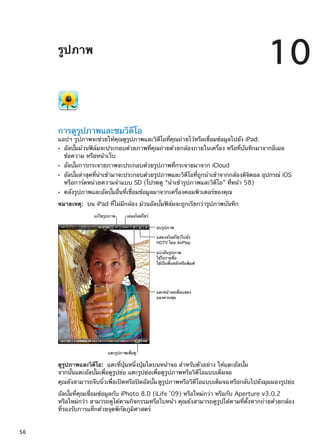 รูปภาพ
10
การดูรูปภาพและชมวิดีโอ
แอปฯ รูปภาพจะช่วยให้คุณดูรูปภาพและวิดีโอที่คุณถ่ายไว้หรือเชื่อมข้อมูลไปยัง iPad:
อัลบั้มม้วนฟิล์มจะประกอบด้วยภาพที่คุณถ่ายด้วยกล้องภายในเครื่อง หรือที่บันทึกมาจากอีเมลÂÂ
ข้อความ หรือหน้าเว็บ
อัลบั้มการกระจายภาพจะประกอบด้วยรูปภาพที่กระจายมาจาก iCloudÂÂ
อัลบั้มล่าสุดที่นำเข้ามาจะประกอบด้วยรูปภาพและวิดีโอที่ถูกนำเข้าจากกล้องดิจิตอล อุปกรณ์ iOSÂÂ
หรือการ์ดหน่วยความจำแบบ SD (โปรดดู “นำเข้ารูปภาพและวิดีโอ” ที่หน้า 58)
คลังรูปภาพและอัลบั้มอื่นที่เชื่อมข้อมูลมาจากเครื่องคอมพิวเตอร์ของคุณÂÂ
หมายเหตุ:  บน iPad ที่ไม่มีกล้อง ม้วนอัลบั้มฟิล์มจะถูกเรียกว่ารูปภาพบันทึก
แตะรูปภาพเพื่อดู
แก�ไขรูปภาพ เล�นสไลด�โชว�
ลบรูปภาพ
แสดงสไลด�โชว�ไปยัง
HDTV โดย AirPlay
แบ�งป�นรูปภาพ
ใช�ในรายชื่อ
ใช�เป�นพื้นหลังหรือพิมพ�
แตะหน�าจอเพื่อแสดง
แผงควบคุม
ดูรูปภาพและวิดีโอ:  แตะที่ปุ่มหนึ่งปุ่มใดบนหน้าจอ สำหรับตัวอย่าง ให้แตะอัลบั้ม
จากนั้นแตะอัลบั้มเพื่อดูรูปย่อ แตะรูปย่อเพื่อดูรูปภาพหรือวิดีโอแบบเต็มจอ
คุณยังสามารถจีบนิ้วเพื่อเปิดหรือปิดอัลบั้มดูรูปภาพหรือวิดีโอแบบเต็มจอหรือกลับไปยังมุมมองรูปย่อ
อัลบั้มที่คุณเชื่อมข้อมูลกับ iPhoto 8.0 (iLife ’09) หรือใหม่กว่า หรือกับ Aperture v3.0.2
หรือใหม่กว่า สามารถดูได้ตามกิจกรรมหรือใบหน้า คุณยังสามารถดูรูปได้ตามที่ตั้งหากถ่ายด้วยกล้อง
ที่รองรับการแท็กด้วยจุดพิกัดภูมิศาสตร์
56
 