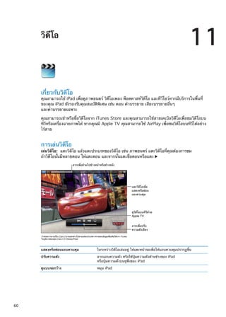 วิดีโอ
11
เกี่ยวกับวิดีโอ
คุณสามารถใช้ iPad เพื่อดูภาพยนตร์ วิดีโอเพลง พ็อดคาสท์วิดีโอ และทีวีโชว์หากมีบริการในพื้นที่
ของคุณ iPad ยังรองรับคุณสมบัติพิเศษ เช่น ตอน คำบรรยาย เสียงบรรยายอื่นๆ
และคำบรรยายเฉพาะ
คุณสามารถเช่าหรือซื้อวิดีโอจาก iTunes Store และคุณสามารถใช้สายเคเบิลวิดีโอเพื่อชมวิดีโอบน
ทีวีหรือเครื่องฉายภาพได้ หากคุณมี Apple TV คุณสามารถใช้ AirPlay เพื่อชมวิดีโอบนทีวีได้อย่าง
ไร้สาย
การเล่นวิดีโอ
เล่นวิดีโอ:  แตะวิดีโอ แล้วแตะประเภทของวิดีโอ เช่น ภาพยนตร์ แตะวิดีโอที่คุณต้องการชม
ถ้าวิดีโอนั้นมีหลายตอน ให้แตะตอน และจากนั้นแตะชื่อตอนหรือแตะ
กำหนดการฉายเรื่อง Cars 2 อาจแตกต�างไปตามแต�ละประเทศ ตรวจสอบข�อมูลเพิ่มเติมได�จาก iTunes
ในภูมิภาคของคุณ Cars 2 © Disney/Pixar
ลากเพื่อข�ามไปข�างหน�าหรือข�างหลัง
แตะวิดีโอเพื่อ
แสดงหรือซ�อน
แผงควบคุม
ดูวิดีโอบนทีวีด�วย
Apple TV
ลากเพื่อปรับ
ความดังเสียง
แสดงหรือซ่อนแถบควบคุม ในระหว่างวิดีโอเล่นอยู่ ให้แตะหน้าจอเพื่อให้แถบควบคุมปรากฏขึ้น
ปรับความดัง ลากแถบความดัง หรือใช้ปุ่มความดังด้านข้างของ iPad
หรือปุ่มความดังบนหูฟังของ iPad
ดูแบบจอกว้าง หมุน iPad
60
 
