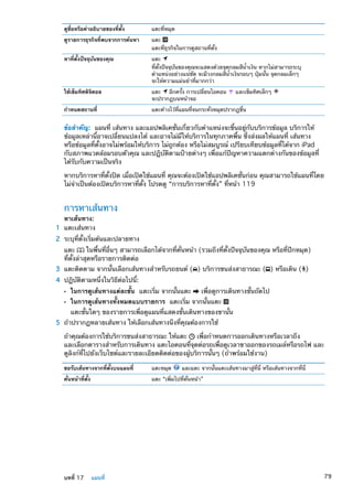 ดูชื่อหรือคำอธิบายของที่ตั้ง แตะที่หมุด
ดูรายการธุรกิจที่พบจากการค้นหา แตะ
แตะที่ธุรกิจในการดูสถานที่ตั้ง
หาที่ตั้งปัจจุบันของคุณ แตะ
ที่ตั้งปัจจุบันของคุณจะแสดงด้วยจุดกลมสีน้ำเงิน หากไม่สามารถระบุ
ตำแหน่งอย่างแน่ชัด จะมีวงกลมสีน้ำเงินรอบๆ ปุ่มนั้น จุดกลมเล็กๆ
จะให้ความแม่นยำที่มากกว่า
ใช้เข็มทิศดิจิตอล แตะ อีกครั้ง การเปลี่ยนไอคอน และเข็มทิศเล็กๆ
จะปรากฏบนหน้าจอ
กำหนดสถานที่ แตะค้างไว้ที่แผนที่จนกระทั่งหมุดปรากฏขึ้น
ข้อสำคัญ:  แผนที่ เส้นทาง และแอปพลิเคชั่นเกี่ยวกับตำแหน่งจะขึ้นอยู่กับบริการข้อมูล บริการให้
ข้อมูลเหล่านี้อาจเปลี่ยนแปลงได้ และอาจไม่มีให้บริการในทุกภาคพื้น ซึ่งส่งผลให้แผนที่ เส้นทาง
หรือข้อมูลที่ตั้งอาจไม่พร้อมให้บริการ ไม่ถูกต้อง หรือไม่สมบูรณ์ เปรียบเทียบข้อมูลที่ได้จาก iPad
กับสภาพแวดล้อมรอบตัวคุณ และปฏิบัติตามป้ายต่างๆ เพื่อแก้ปัญหาความแตกต่างกันของข้อมูลที่
ได้รับกับความเป็นจริง
หากบริการหาที่ตั้งปิด เมื่อเปิดใช้แผนที่ คุณจะต้องเปิดใช้แอปพลิเคชั่นก่อน คุณสามารถใช้แผนที่โดย
ไม่จำเป็นต้องเปิดบริการหาที่ตั้ง โปรดดู “การบริการหาที่ตั้ง” ที่หน้า 119
การหาเส้นทาง
หาเส้นทาง:
	 1	 แตะเส้นทาง
	 2	 ระบุที่ตั้งเริ่มต้นและปลายทาง
แตะ ในพื้นที่อื่นๆ สามารถเลือกได้จากที่คั่นหน้า (รวมถึงที่ตั้งปัจจุบันของคุณ หรือที่ปักหมุด)
ที่ตั้งล่าสุดหรือรายการติดต่อ
	 3	 แตะติดตาม จากนั้นเลือกเส้นทางสำหรับรถยนต์ ( ) บริการขนส่งสาธารณะ ( ) หรือเดิน ( )
	 4	 ปฏิบัติตามหนึ่งในวิธีต่อไปนี้:
ÂÂ ในการดูเส้นทางแต่ละขั้น แตะเริ่ม จากนั้นแตะ เพื่อดูการเดินทางขั้นถัดไป
ÂÂ ในการดูเส้นทางทั้งหมดแบบรายการ แตะเริ่ม จากนั้นแตะ
แตะขั้นใดๆ ของรายการเพื่อดูแผนที่แสดงขั้นเดินทางของขานั้น
	 5	 ถ้าปรากฏหลายเส้นทาง ให้เลือกเส้นทางนึงที่คุณต้องการใช้
ถ้าคุณต้องการใช้บริการขนส่งสาธารณะ ให้แตะ เพื่อกำหนดการออกเดินทางหรือเวลาถึง
และเลือกตารางสำหรับการเดินทาง แตะไอคอนที่จุดต่อรถเพื่อดูเวลาขาออกของรถเมล์หรือรถไฟ และ
ดูลิงก์ที่ไปยังเว็บไซต์และรายละเอียดติดต่อของผู้บริการนั้นๆ (ถ้าพร้อมใช้งาน)
ขอรับเส้นทางจากที่ตั้งบนแผนที่ แตะหมุด และแตะ จากนั้นแตะเส้นทางมาสู่ที่นี่ หรือเส้นทางจากที่นี่
คั่นหน้าที่ตั้ง แตะ “เพิ่มไปที่คั่นหน้า”
79บทที่ 17    แผนที่
 