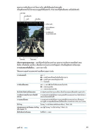 คุณสามารถฟังเสียงจากลำโพงภายใน หูฟังที่เชื่อมต่อกับช่องหูฟัง
หรือหูฟังสเตอริโอไร้สายแบบบลูทูธที่เชื่อมต่อกับ iPad ขณะที่หูฟังเชื่อมต่อ แต่ไม่มีเสียงดัง
ลากเพื่อข�ามไป
ข�างหน�าหรือข�างหลัง
ปรับความดัง
ย�อนกลับ ค�นหาเพลง
สร�างรายชื่อเพลง
Genius
เล�น/หยุด
ดูรายชื่อแทร็ก
วนซ้ำ สับเปลี่ยน
เลือกหาชุดสะสมของคุณ:  แตะที่ปุ่มหนึ่งปุ่มใดบนหน้าจอ คุณสามารถเลือกหาเพลย์ลีสต์ เพลง
ศิลปิน หรืออัลบั้ม แตะอื่นๆ เพื่อเลือกหาตามประเภทหรือผู้แต่ง หรือเพื่อดูพ็อดคาสท์ของคุณ
การเล่นเพลงหรือสื่ออื่นๆ :  แตะรายการนั้น
ใช้แผงควบคุมด้านบนของหน้าจอเพื่อควบคุมการเล่น
การเล่นเพลงซ้ำ แตะ
= เล่นซ้ำเพลงทั้งหมดในอัลบั้มหรือรายการ
= เล่นซ้ำเฉพาะเพลงปัจจุบันเท่านั้น
= ไม่เล่นซ้ำ
การสับเปลี่ยนเพลง แตะ แตะ อีกครั้งเพื่อเล่นเพลงในลำดับ
= เพลงจะถูกสลับ
= เพลงจะเล่นตามลำดับ
ข้ามไปช่วงใดช่วงหนึ่งของเพลง ลากปุ่มตำแหน่งไปตามแถบเลื่อน เลื่อนนิ้วของคุณลงเพื่อลดอัตราถูอย่างช้าๆ
การเลือกหาเพลงในรายการโดยใช้
หน้าปก
การแสดงหน้าปกอัลบั้มโดยการแตะรูปย่อที่ด้านบนของหน้าจอ ปัดซ้ายไปขวา
เพลงจะเริ่มเล่นอัตโนมัติ
การแสดงเนื้อเพลง การแสดงหน้าปกอัลบั้มโดยการแตะรูปย่อที่ด้านบนของหน้าจอ เนื้อเพลงจะ
ปรากฏขึ้น หากคุณเพิ่มเนื้อเพลงไปที่เพลงนั้นๆ ผ่านหน้าต่าง Info บน iTunes
ใช้ Ping โปรดดู “การเฝ้าติดตามศิลปินและเพื่อนๆ” ที่หน้า 88
เล่นเพลงออกทางลำโพงของ AirPlay
หรือ Apple TV
แตะ โปรดดู “การใช้ AirPlay” ที่หน้า 35
ตั้งตัวเลือกสำหรับเพลง ไปที่ตั้งค่า  เพลง
83บทที่ 18    เพลง
 